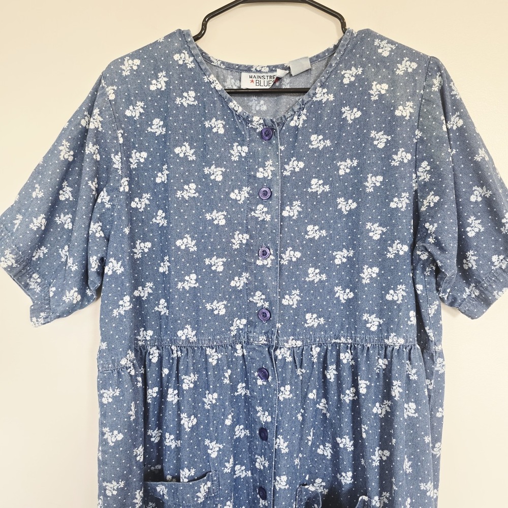 Vtg MAINSTREET BLUES Florals Denim Blue Jean Button Dress Pockets Women 16W.E39 - Picture 2 of 11